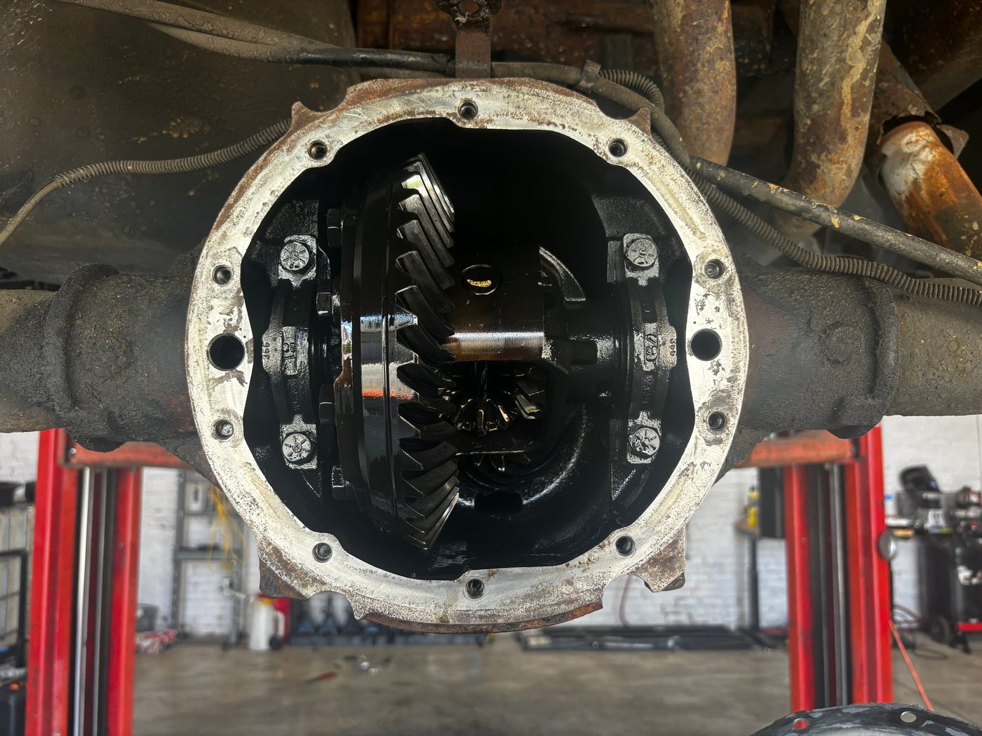 A rear differential opened up for repair